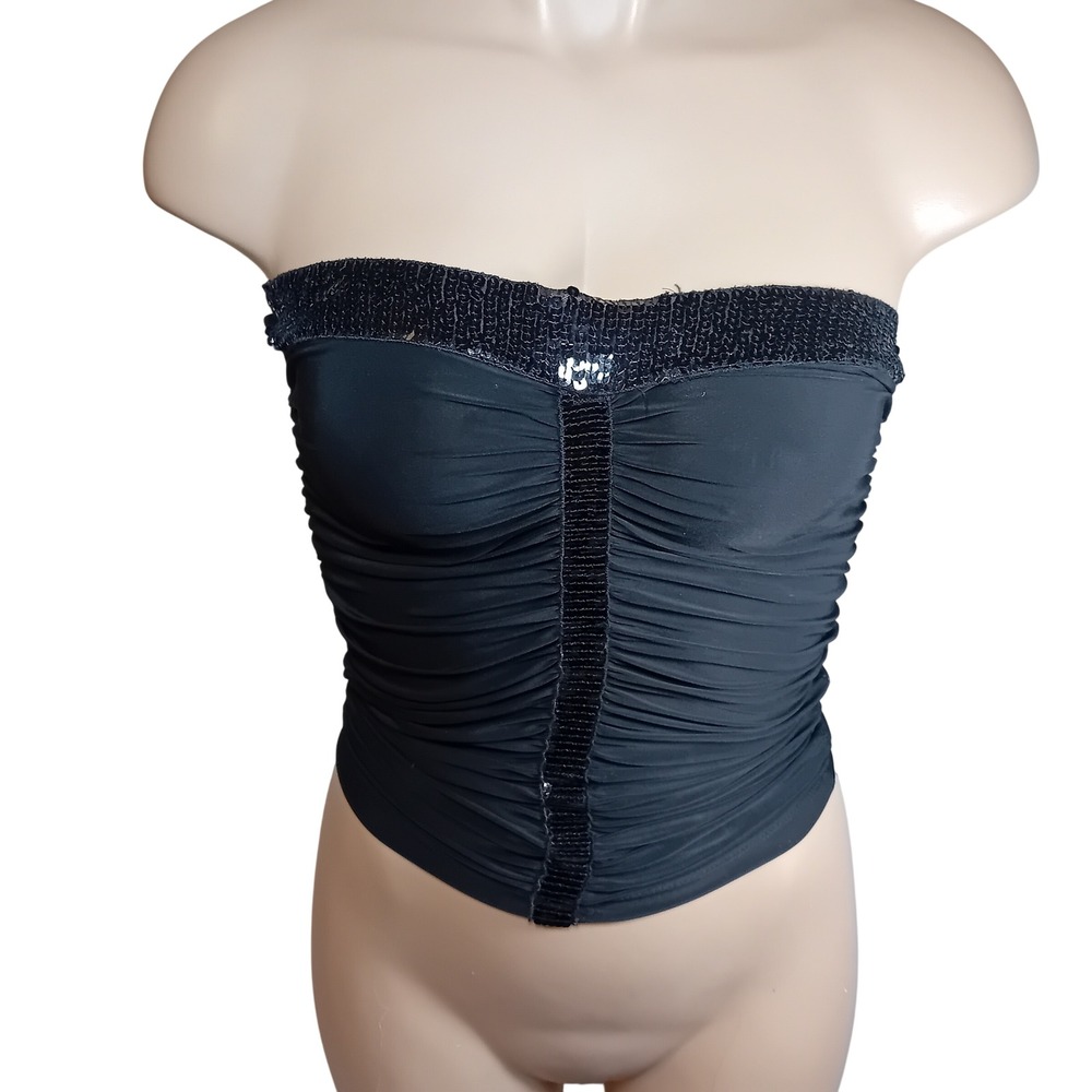 Y2K Entro Ruched Sequin Strapless Tube Top Corset Bustier Mini Skirt Glam Fits S